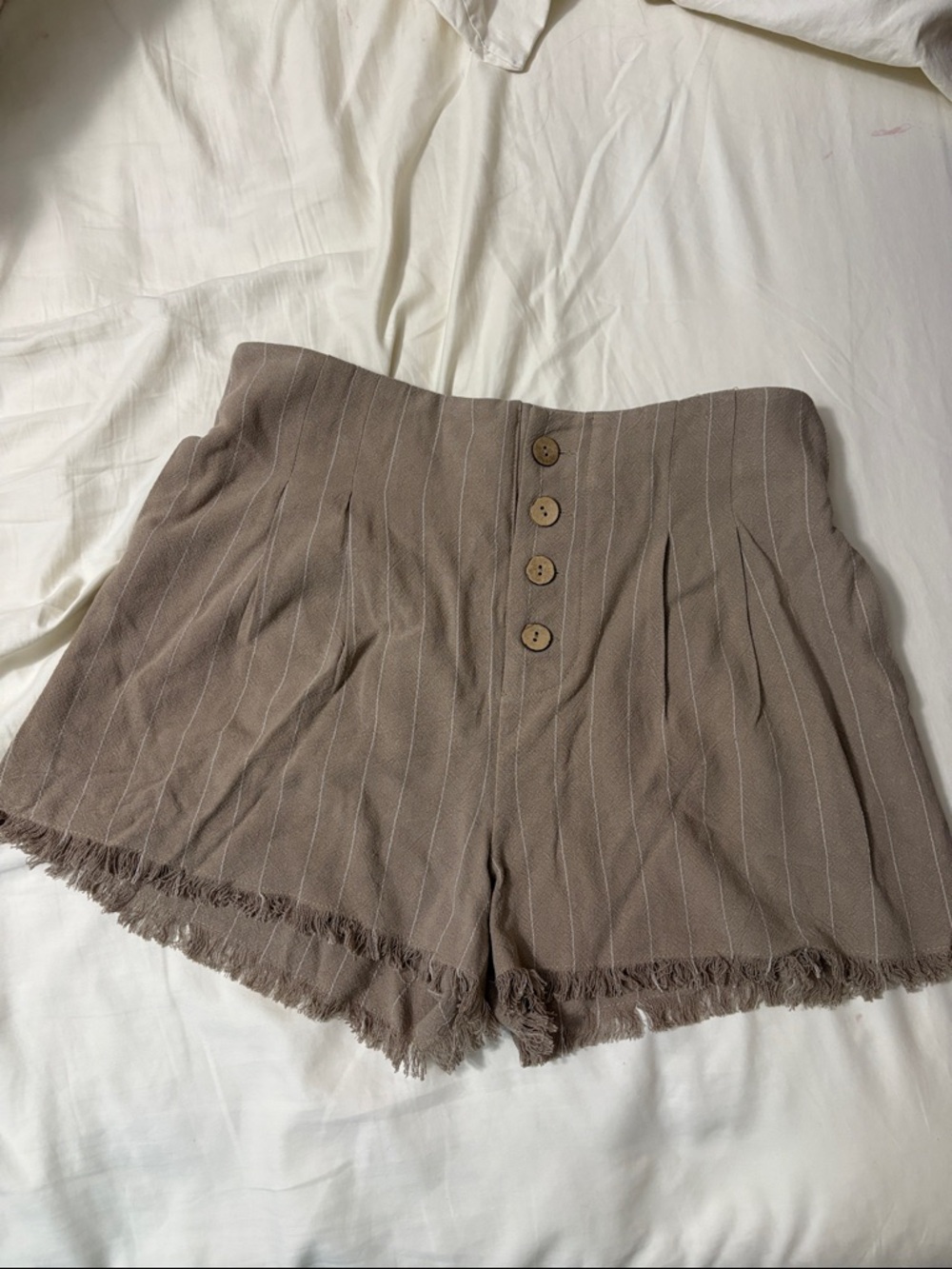 Promesa Taupe Pinstripe High-Waist Button-Front Shorts